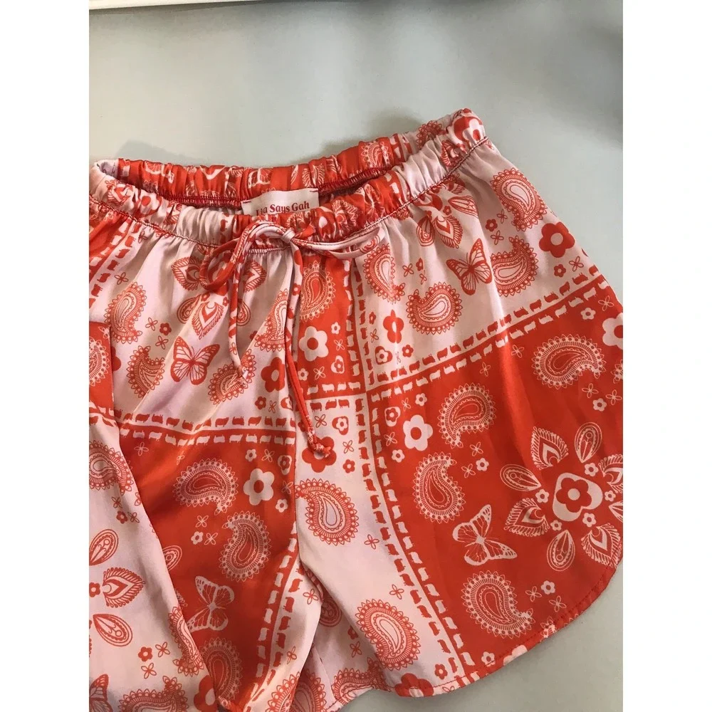 Lisa Says‎ Gah Bandana Print Two Piece Set Orange White Crop Top Shorts XS